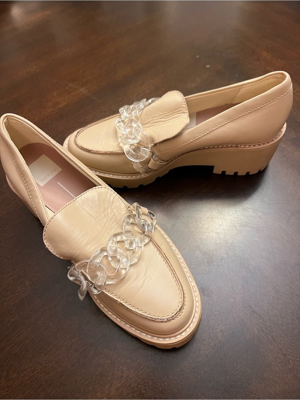 Dolce Vita Beige Platform Loafers with Clear Chain Accent